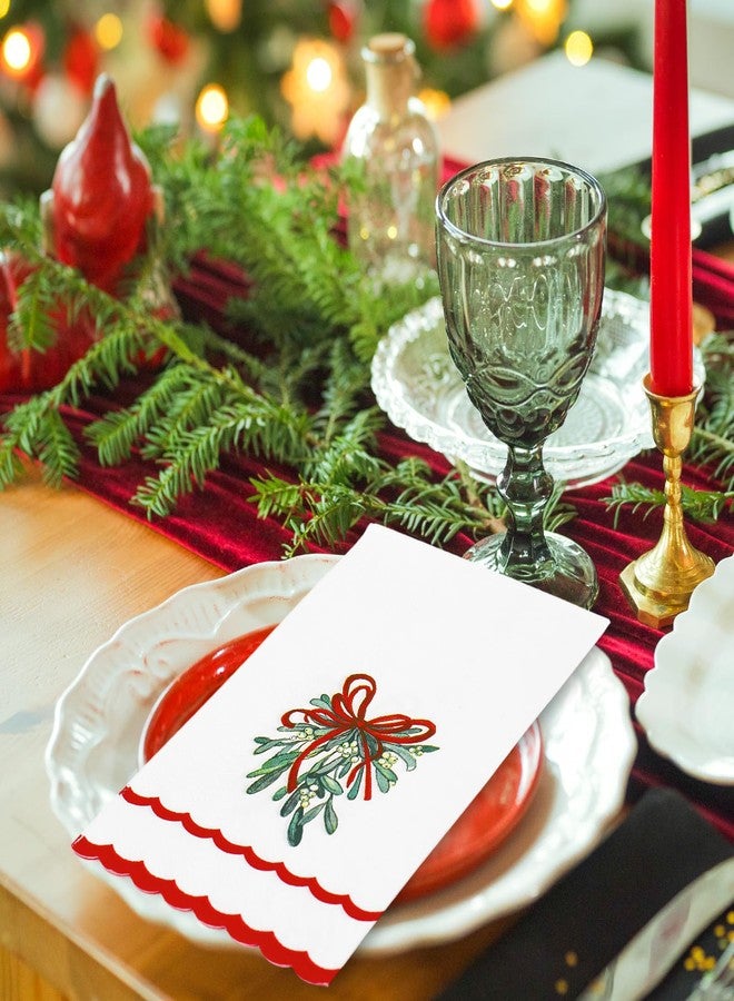 Whaline 100 Pcs Christmas Guest Napkins Mistletoe Holly Scalloped Disposable Napkins Watercolor Dinner Hand Paper Napkin for Bathroom Xmas Winter Holiday Party Table Supplies - Image 4